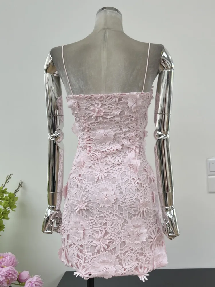 여성용 2025 봄 여름 우아한 레이스 크로셰 컷아웃 스트랩리스 드레스 소프트 핑크 파티 칵테일 가운 여성스러운 달콤한 드레스