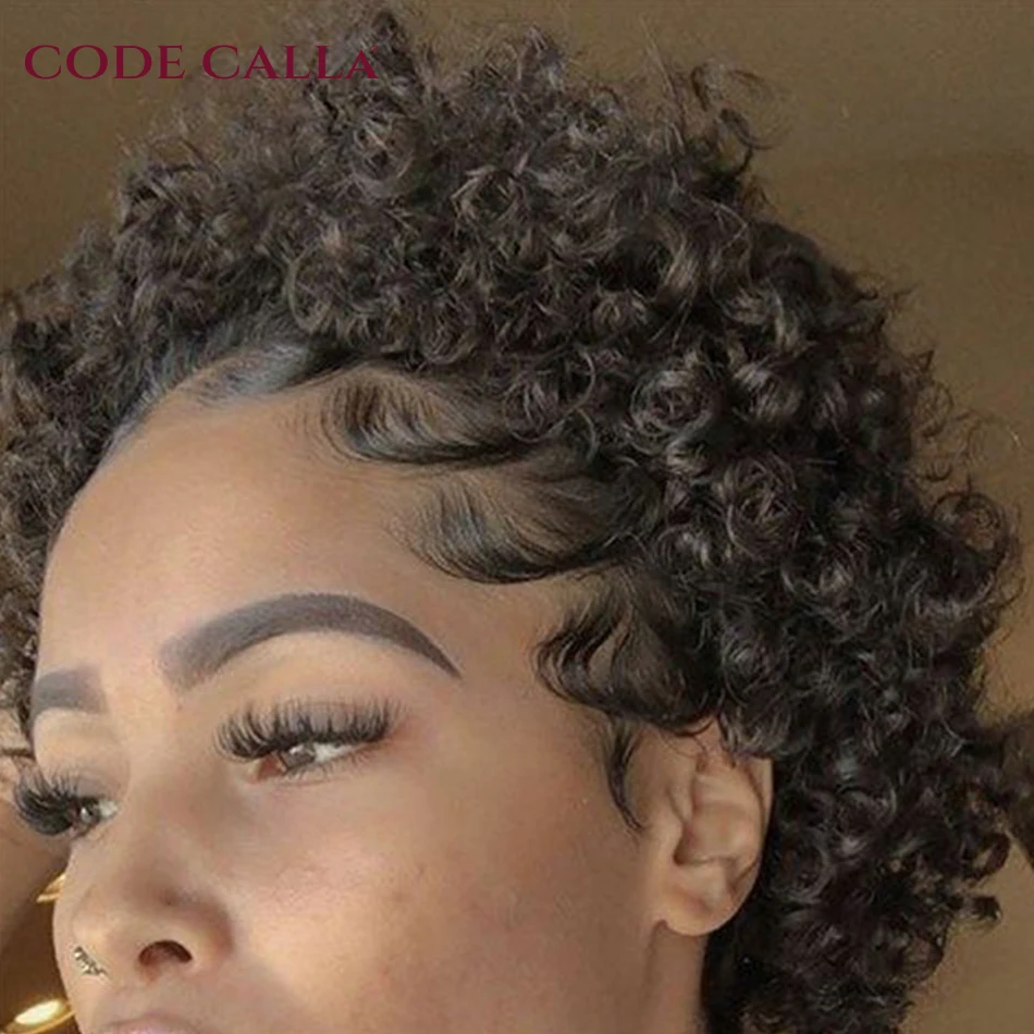 Codecalla Pixie Cut Bob Wig Indian Short Bouncy Curly Hair Wigs Pre-plucked Pixie Cut Curly Wig 13x1 Transparent Lace Front Wigs