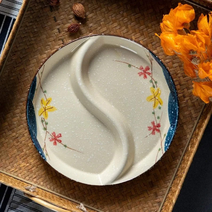 8/10 inch Underglaze Colored Ceramic Double Grid Divided Platter Tai Chi Bagua Dinner Plates Large Plate with Cold Dishes Set