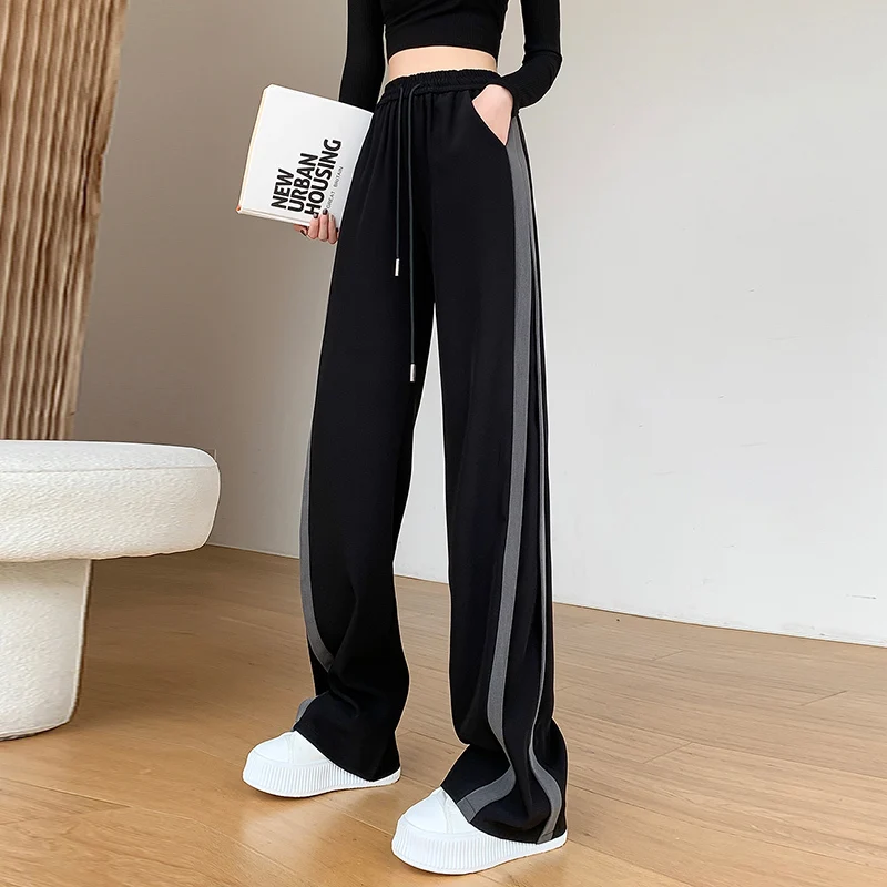 2023 New Colorblock Wide Legged Women's Pants Spring Vintage High Waist Loose Lace Up Casual Trousers Sweatpants Female