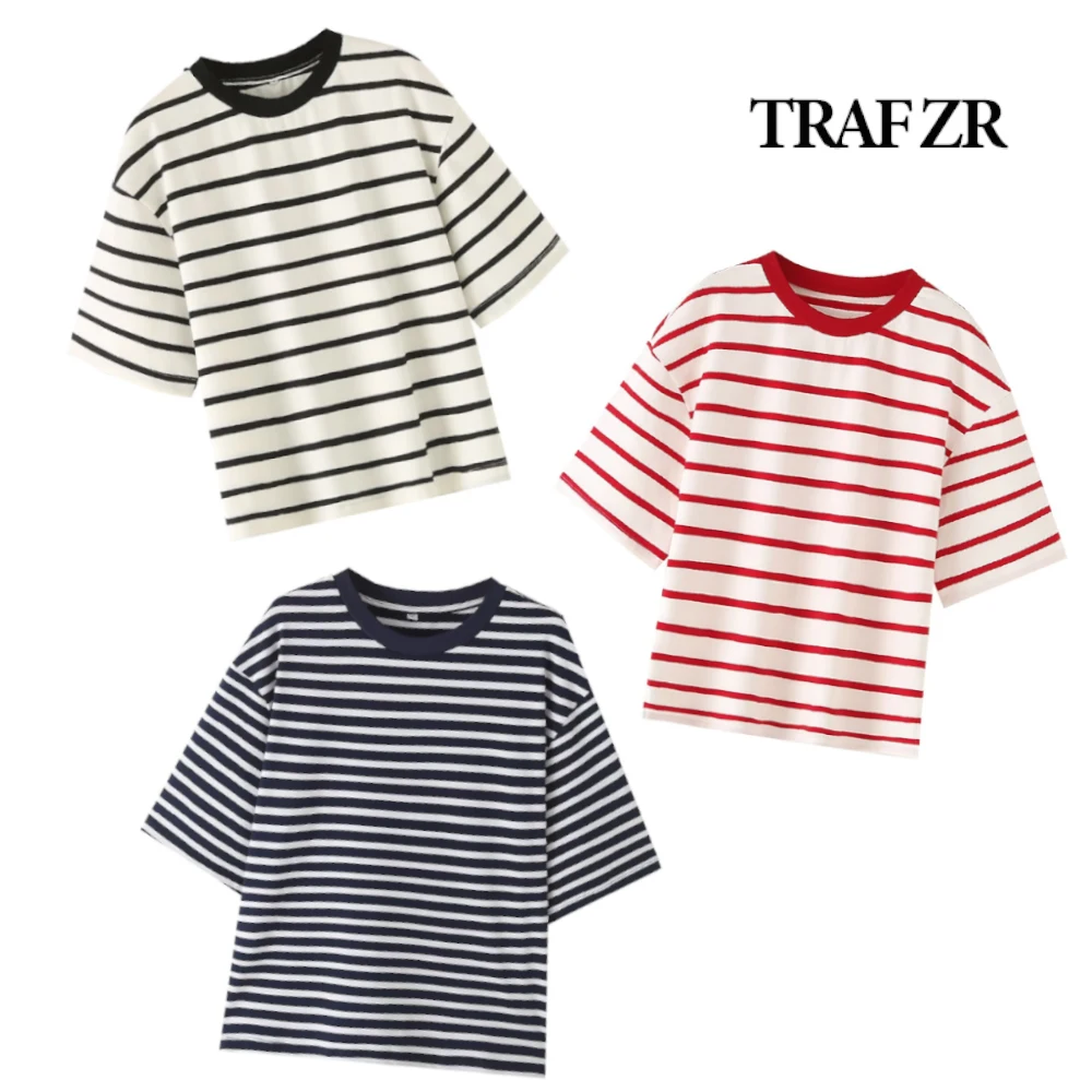 

TRAF ZR HighStreet Short Sleeve O-neck T-shir Aesthetic Women Contrast Striped Tee Kpop 2024 Loose Top Side Vents T-Shirt Cotton