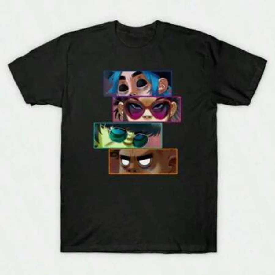 【New Arrival】Gorillaz Band Members Faces Graphic T-Shirt | Retro 2D Animation Black Cotton Short Sleeve Tee