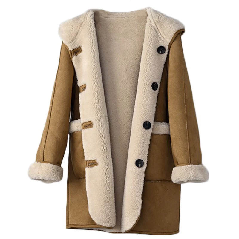 Women Sheep Shearling Double Sided Winter Hooded Coat Female Girl Real Wool Fur Warm Casual Overcoat PT309