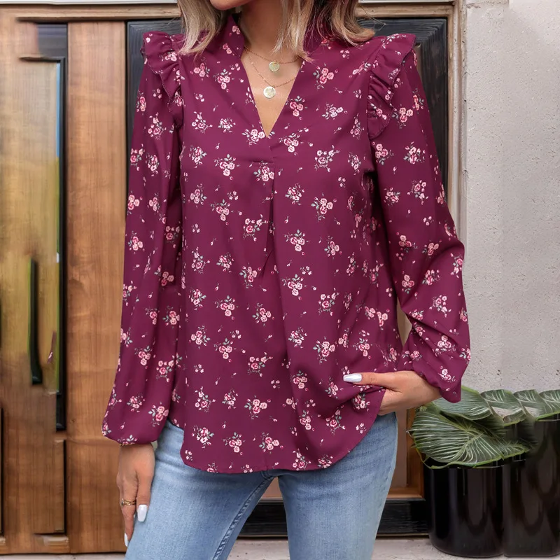 Purple Elegant Women's Brouse With Bubble Sleeves V-neck Pullover Loose Floral Print Floral Print Autumn New Product Versatile