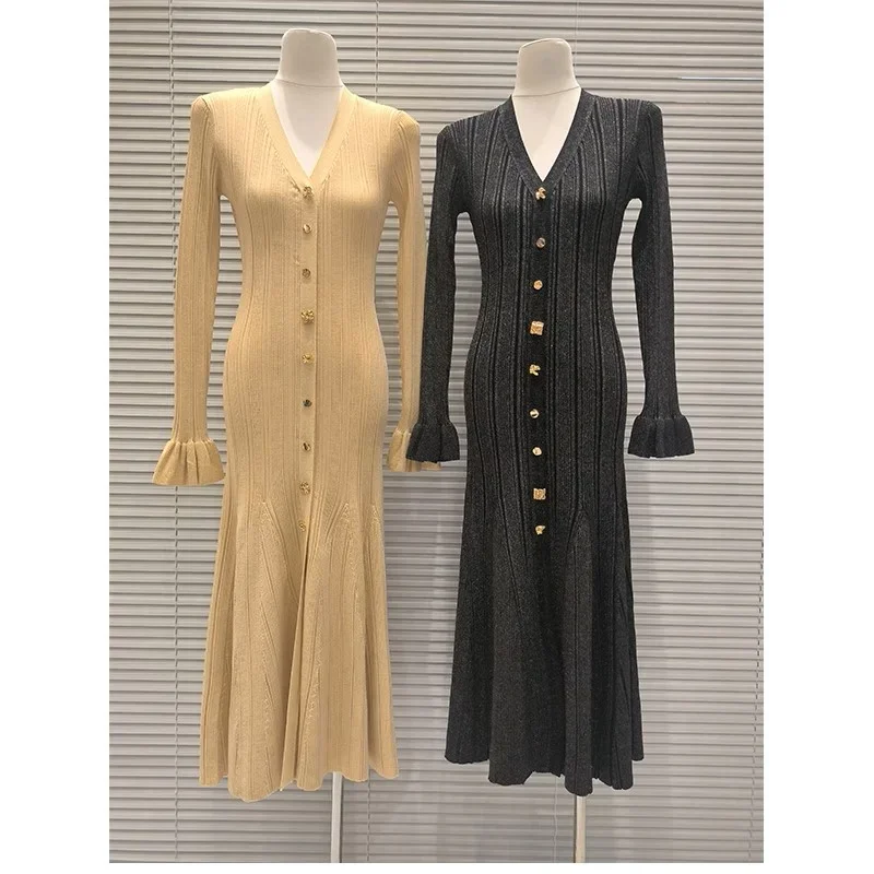 Knitted Mid-Length Dress 2024 New Women Long Sleeve Ribbed Party Dresses Elegant Lady Knitwear