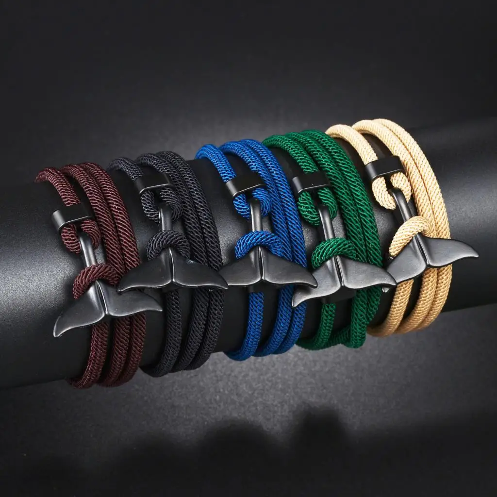 New Fashion Multilayer Black Fishtail Hook Rope Bracelets Men Pulsera Navy Hand Lucky Survival Bracelets