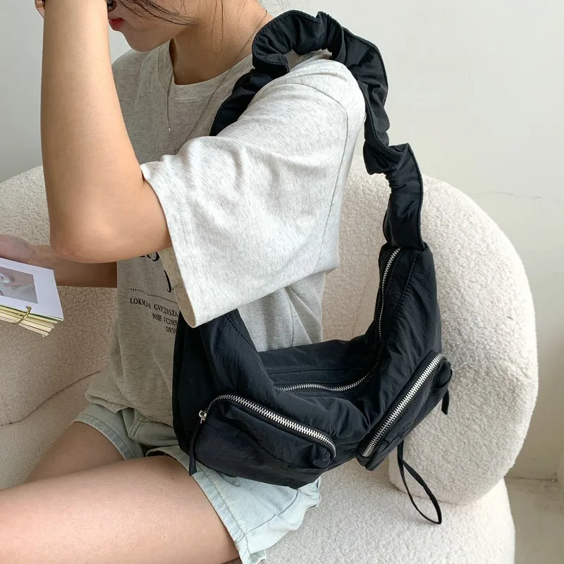 Casual Ruched Drawsting Strap Women Shoulder Bags Hobos Multiple Pockets Crossbody Bags Lightweight Halfmoon Shopper Purses 2024