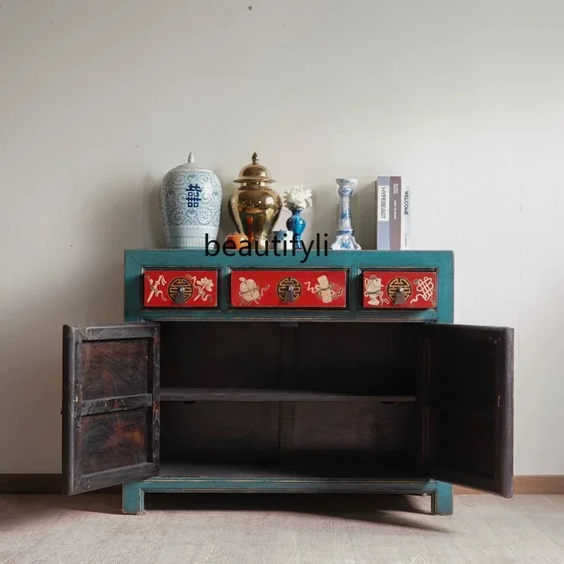 D2520 Novo armário lateral de jantar pintado à mão de madeira maciça estilo chinês, armário de armazenamento, armário de chá de entrada retrô e antigo
