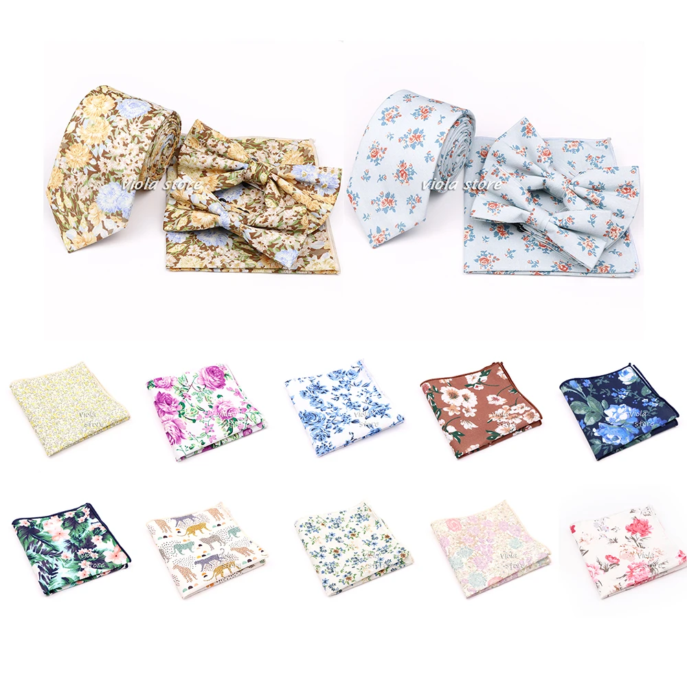 

TopQuality New 20 Colors Floral 4 PCS Set 6.5cm Cotton Tie Pocket Square Bowtie Fashion Men Wedding Party Cravat Gift Accessory