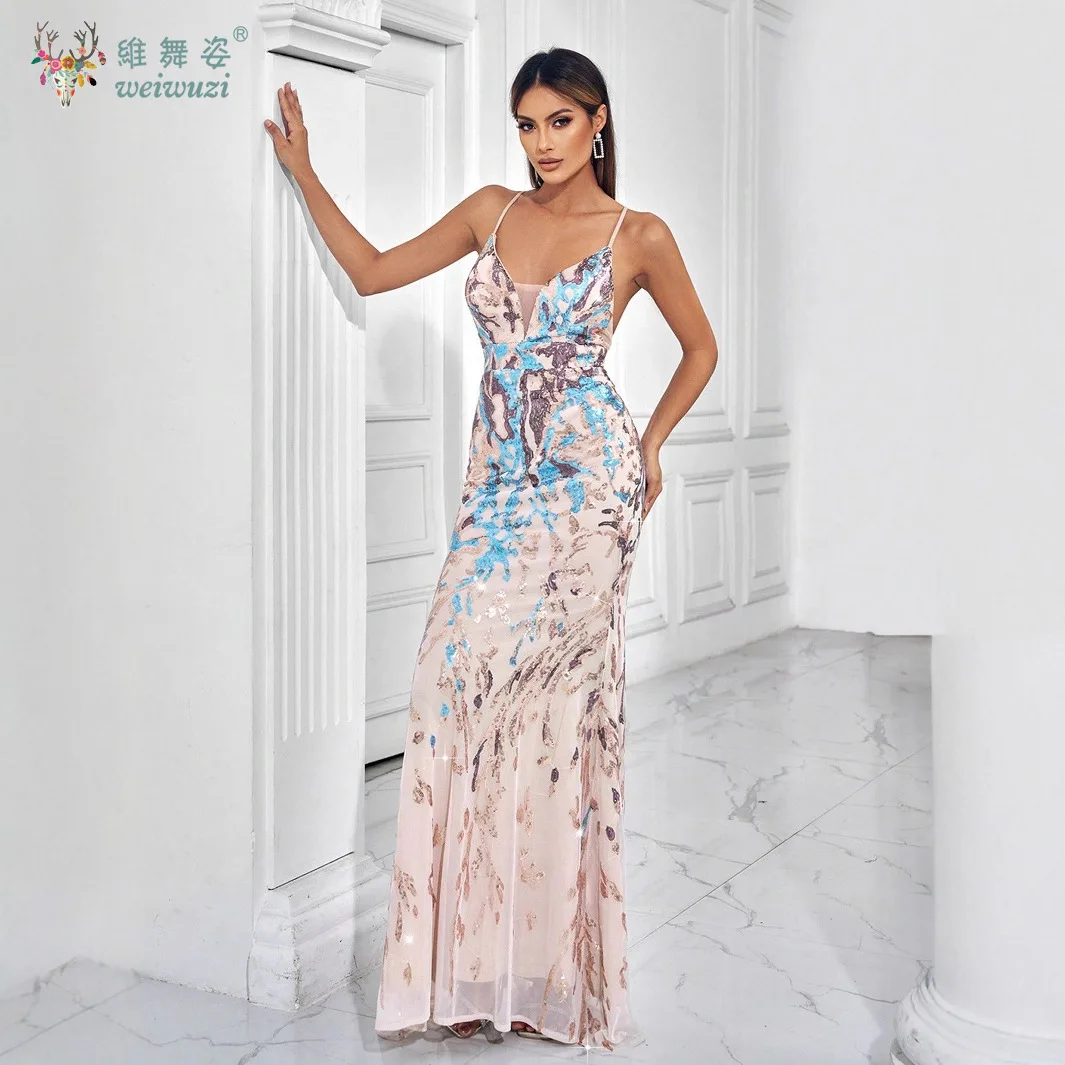 Autumn and Winter Evening Dress Set Exquisite Sequin Bead Embroidery Slim Fit Mermaid Slim Shoulder Strap Backless Evening Dress