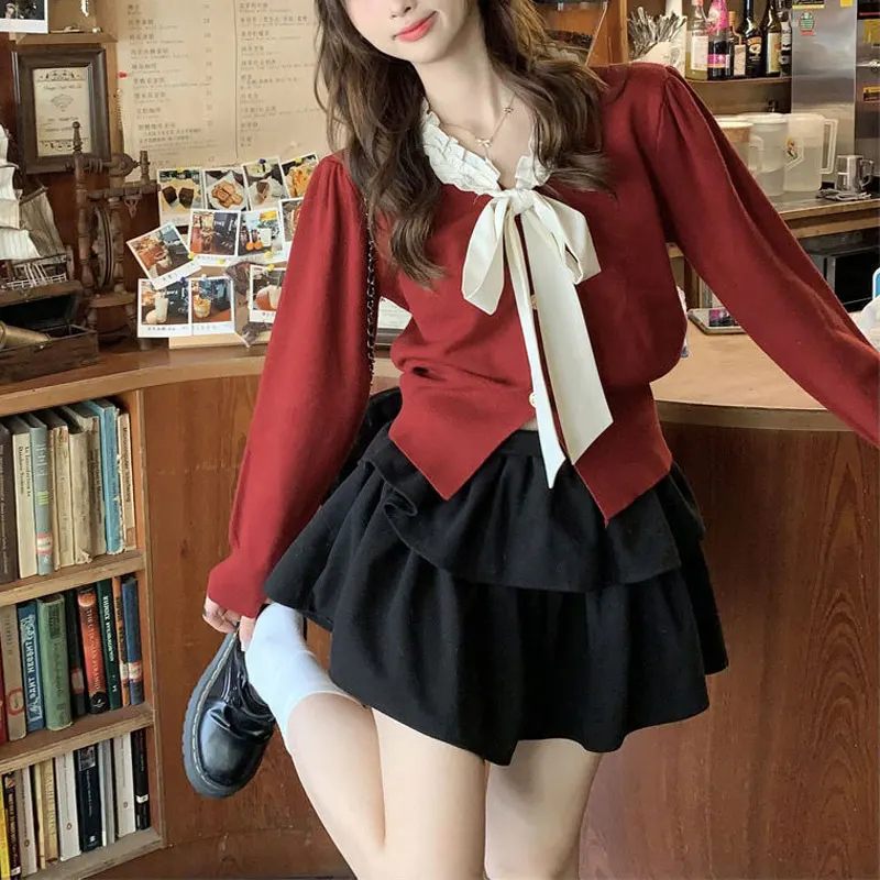 Autumn Winter Sweet Bandage Bow Shirt Stylish Folds Spliced Women\'s Clothing Korean Slim Solid Color All-match Knitted Blouse