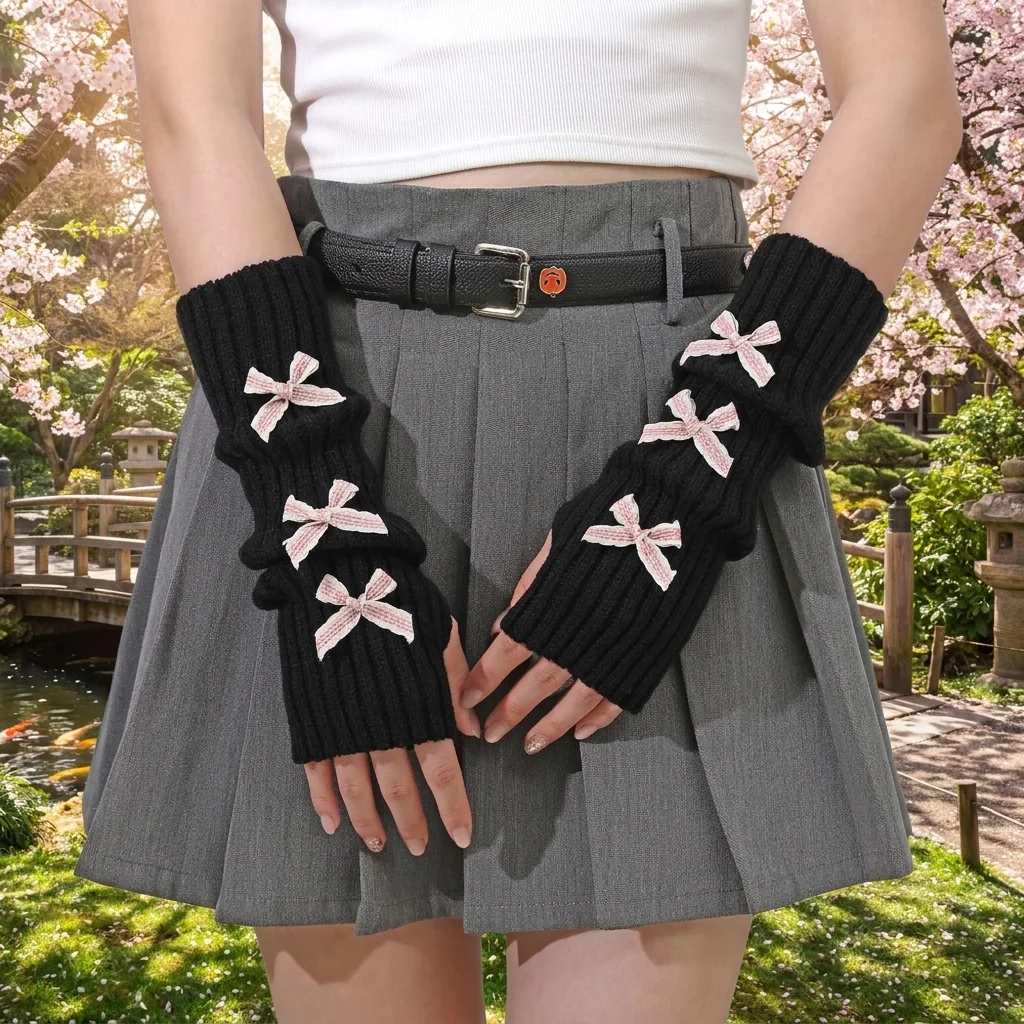 New High Quality Portable Fashion Y2K Bow Fingerless Gloves Thicken Cute Bowknot Hands Free Gloves Long Knit Arm Warmers Autumn