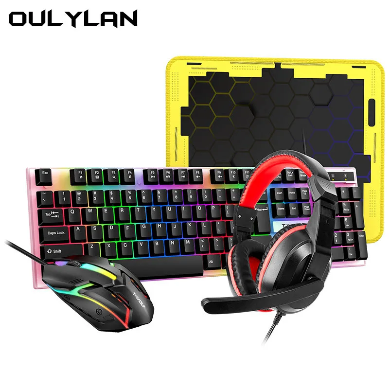 New TF240 Keyboard, Mouse Earphones, Mouse Pad Four in One Luminous Gaming Russian Keyboard and Mouse Set