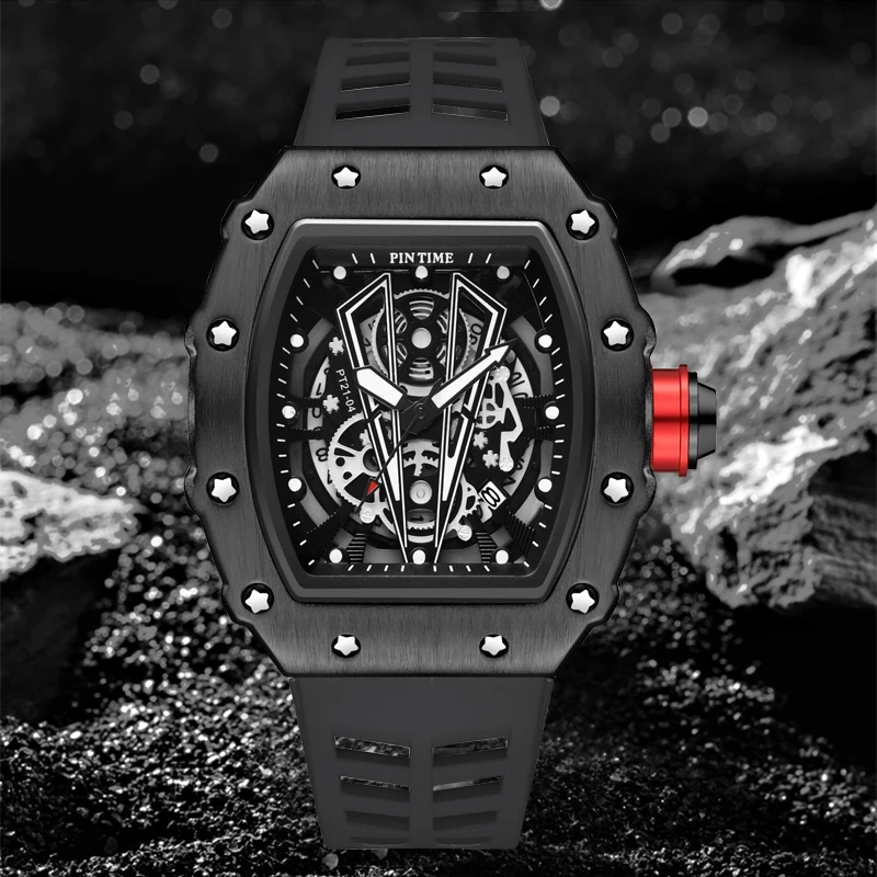 Tonneau Quarzuhr mit klassischem Design und Zifferblatt für Herren, wasserdichtes Silikonarmband,