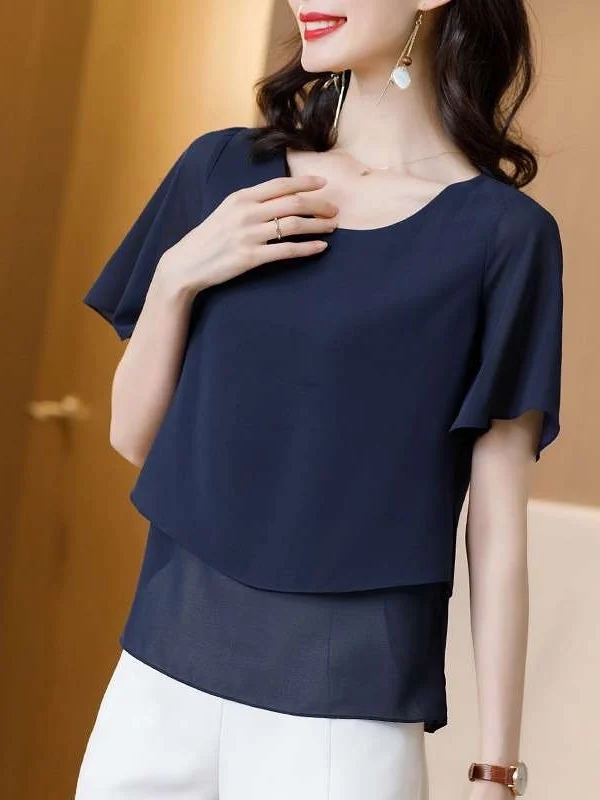 

Women's Chiffon Blouse Summer Faion ort Sve round Ne Polyester Fiber Commute Sle Thin Material Pure Color