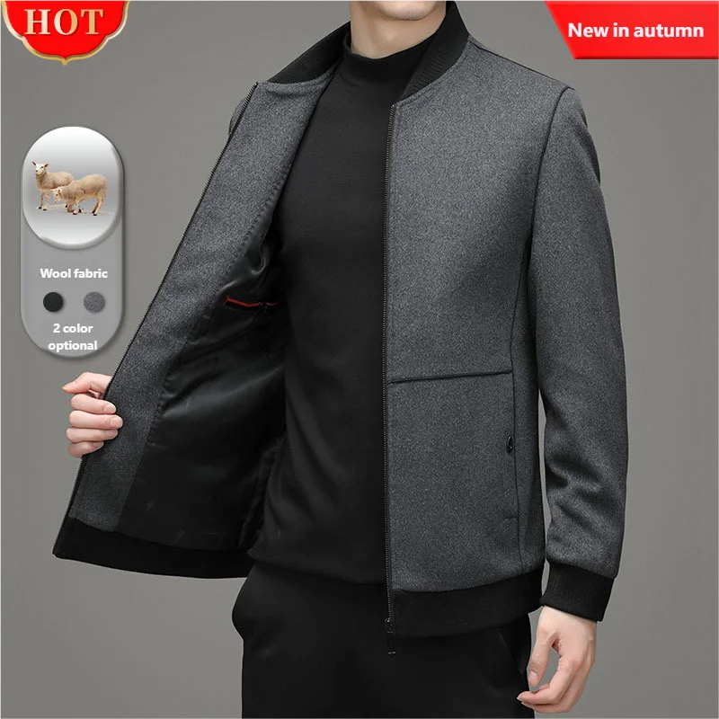 

2024 High-quality Men's 48.6% Woolen Jacket Short Coat Casaul Zipper Stand Collar Top Men's Black Gray Clothing