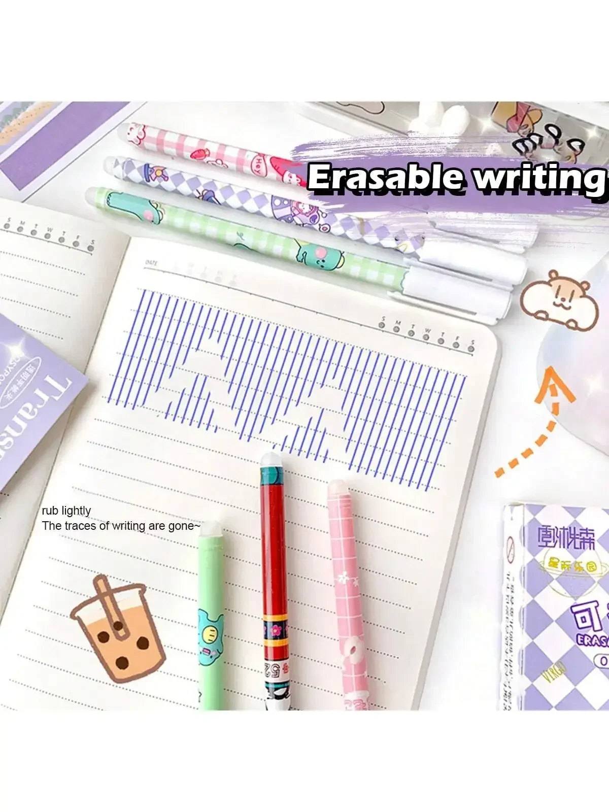 12pc/box Hot Erasable Pen 0.5 Needle Tube Head Cartoon Crystal Blue Friction Easy To Wipe Student Brush Question Wipe Pen