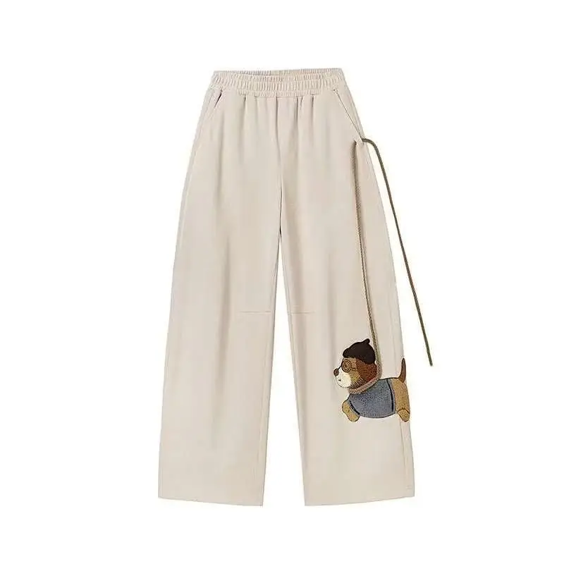 Women's Cute Cartoon Dog Embroidery Wide Leg Pants Unisex Creative Leash Design Logo Waist Casual Cotton Trousers