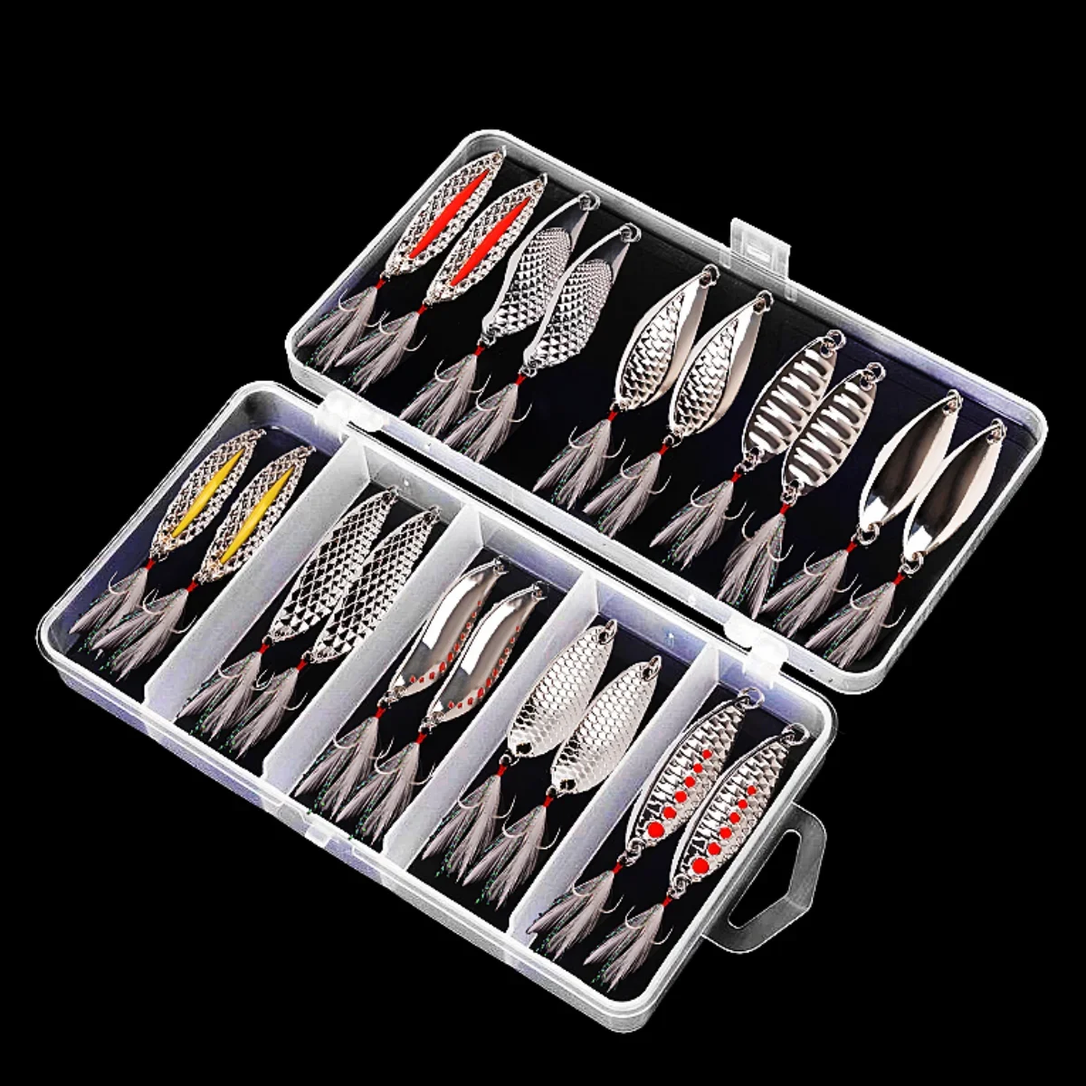 20Pcs Metal Spinner Spoon Fishing Lures 7g-20g Gold Silver Artificial Bait with Feather Treble Hook Trout Pike Bass Tackle