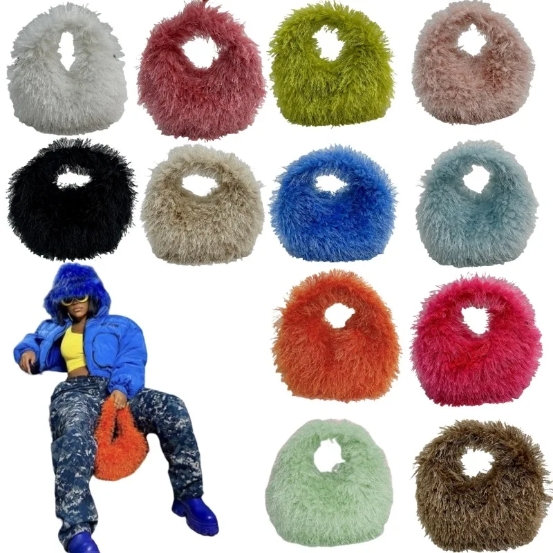 2023 Winter New Small Hobo Bag Fashion Knotted Faux Fur HandBag Women\'s Furry Short Handle Clutch Soft Plush Warm Bag