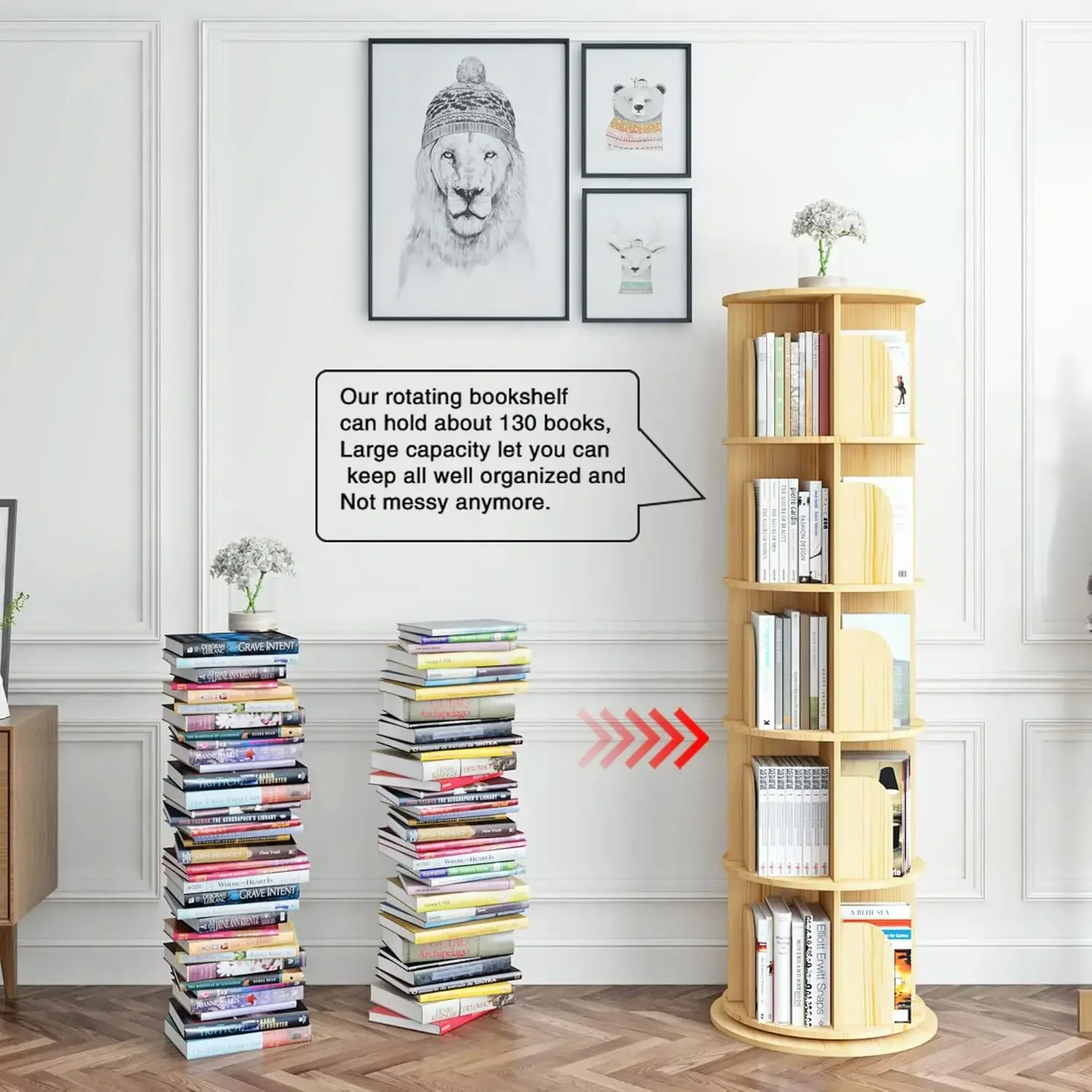 360 Display Corner Bookshelf for Small Space, 5 Tier Floor Standing Bookcase Storage Rack, Wood Narrow Organizer for Bedroom, Li