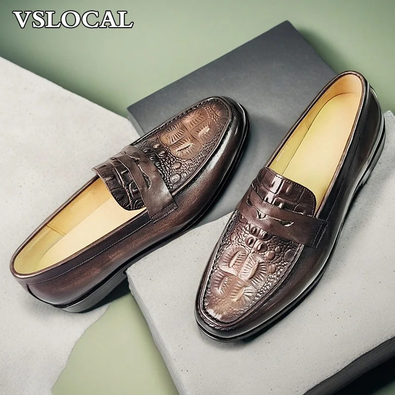 

Luxury Men Genuine Leather Shoes Brown Slip On Croco Prints Casual Mens Dress Shoes Wedding Office Banquet Loafers Men