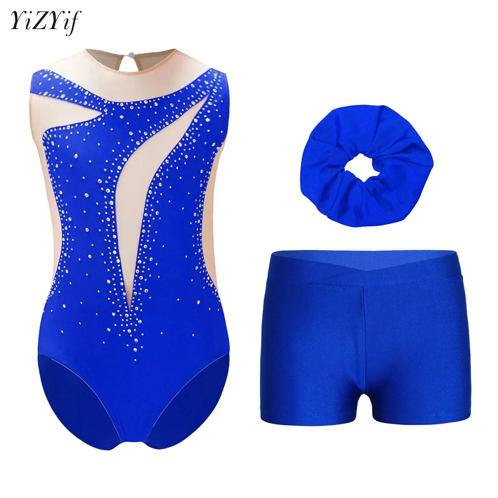 

Kids Girls Ballet Leotard Set Gymnastics Bodysuit with Shorts Headwear Dancewear Rhinestone Figure Skating Unitards Yogaa Outfit