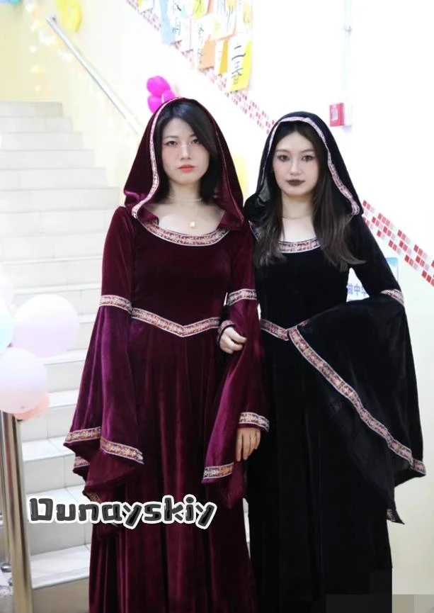 

Halloween Gothic Hoodie Witch Cosplay Costume Medieval Retro Women's Dresses Long Skirt Halloween Vampire Adult Role-play Suits
