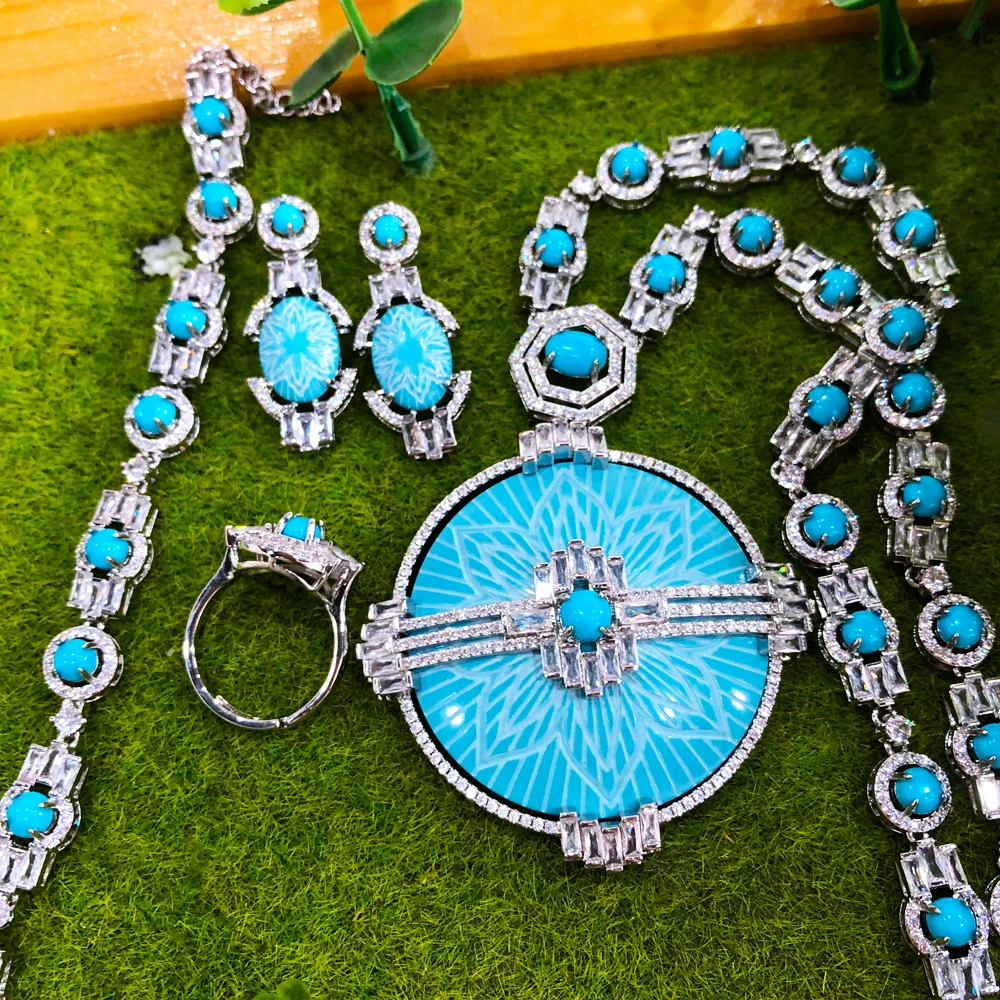 

GODKI New Fashion Turquoise UAE Dubai Bridal Jewelry Set For Women Wedding Party Nigerian African Necklace Earring Set