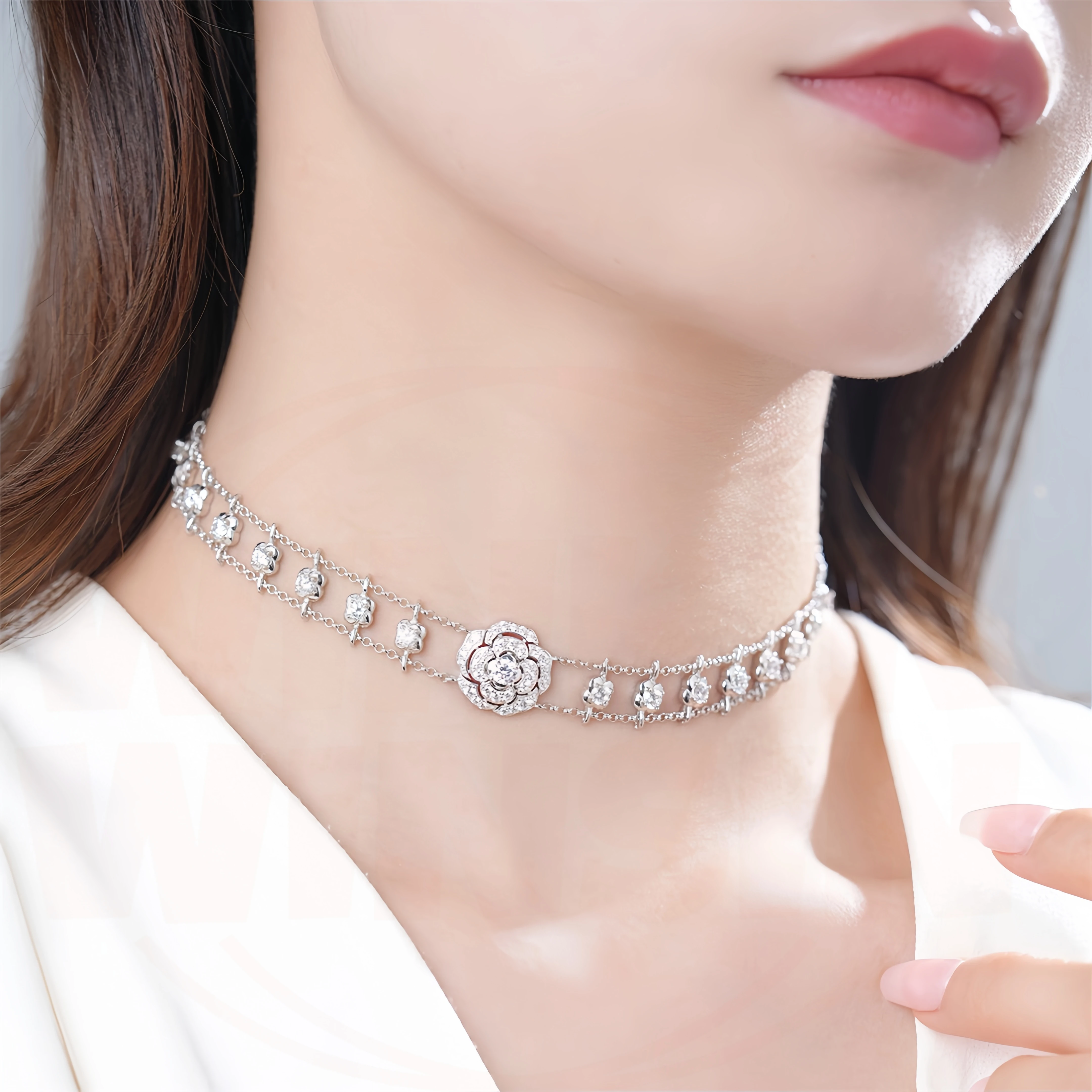 

Winkin Winsin Luxury Real 925 Sterling Silver Camellia Necklace For Women V Gold Flower Tassel Chain Necklaces Pendant Jewelry