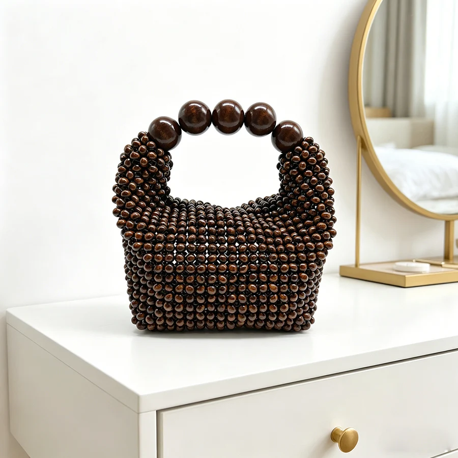Summer Handmade Woven Clutch Purses For Women Exquisite Design Hollow-out Wooden Bead Small Handbag Banquet Boston Bags Coffee