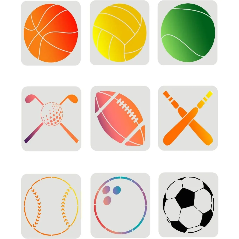 9Pcs Sports Ball Stencils (Basketball, Soccer, Bowling, Baseball, Rugby, Golf, Volleyball) 7.9x7.9 inch Template Paint Chalk