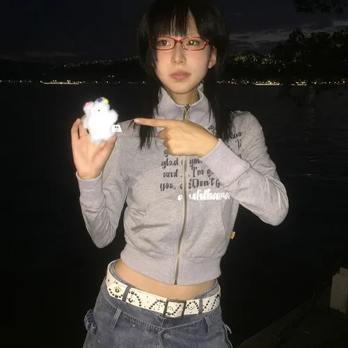 Imagen 2 del producto Karrram-Chaqueta corta japonesa Y2k, abrigo corto Vintage Harajuku, sudadera con cremallera con estampado de letras Retro americanas, ropa de abrigo Grunge