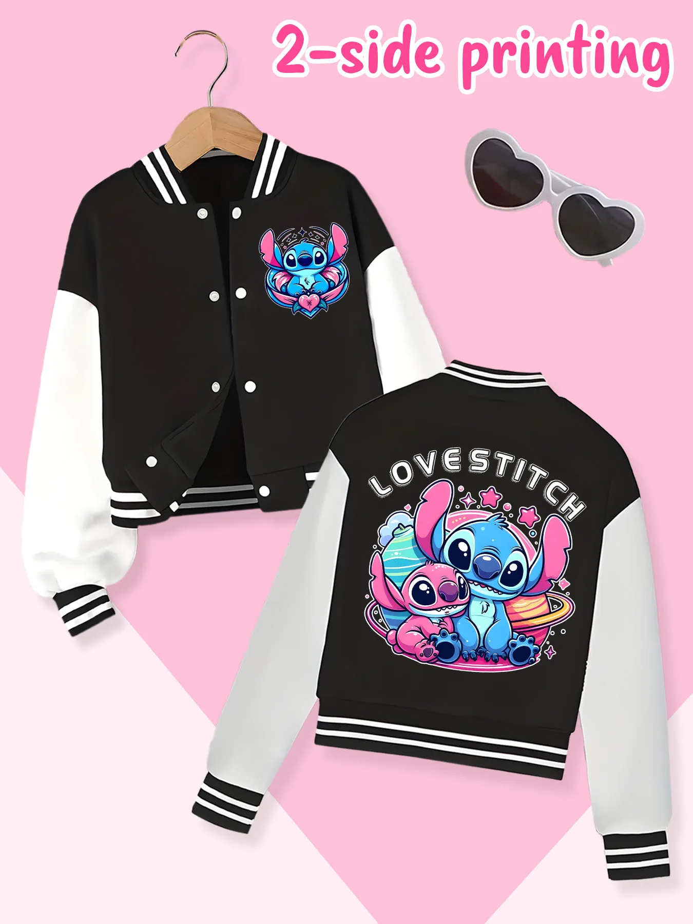 Disney fashion trend baseball jacket, suitable for daily sports and casual wear, printed with cute Stitch pattern, nice gift.