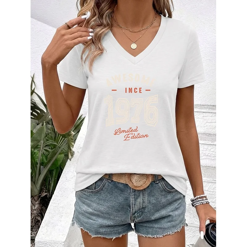 Women's Vintage AWESOME SINCE 1976 T-Shirt - Limited Edition Retro V-Neck Short Sleeve Top with Distressed Print, Suitable for