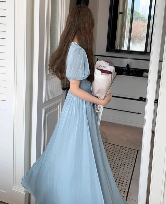 Abito con perline scintillanti Abito estivo da donna con maniche a sbuffo a vita alta Abiti aderenti eleganti in stoffa da festa