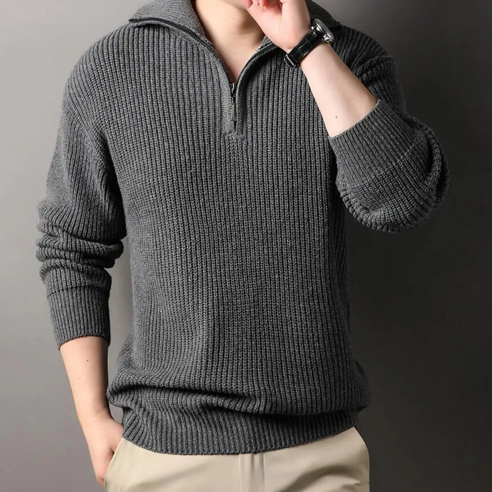 Men Sweater Stylish Men's Fall Winter Sweater with Lapel Half Zipper Loose Fit Retro Knitted Design Long Sleeves Solid for A