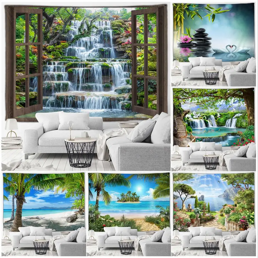 Tropical Waterfall Landscape Tapestry Zen Green Bamboo Ocean Beach Palm Trees Island Scenery Garden Wall Hanging Home Room Decor