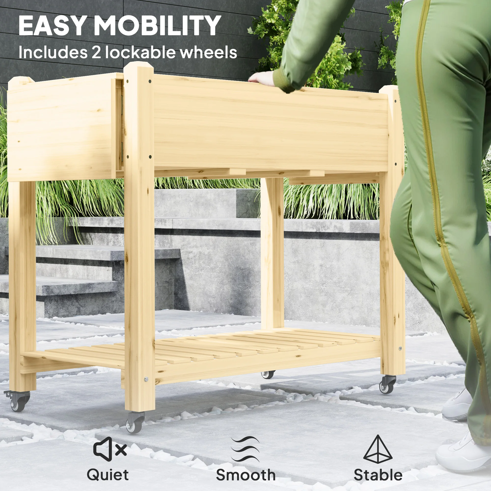 Wooden Raised Bed Planter with Lockable Wheels, Side Tables, Liner, Natural