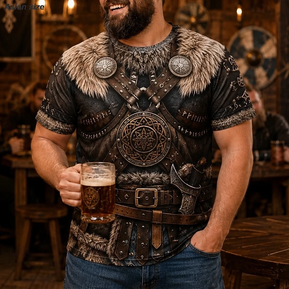 Men's 3D Fake Vest Muscle Print T‑Shirt Werewolf Hunter Theme Crew Neck Short Sleeve Casual Graphic Tees