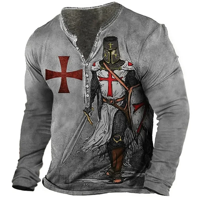 Spring New Vintage Men Cotton T-Shirts Knights Templar Summer Oversized Tops Long Sleeve Tee Casual Loose Button-Down Shorts 6XL