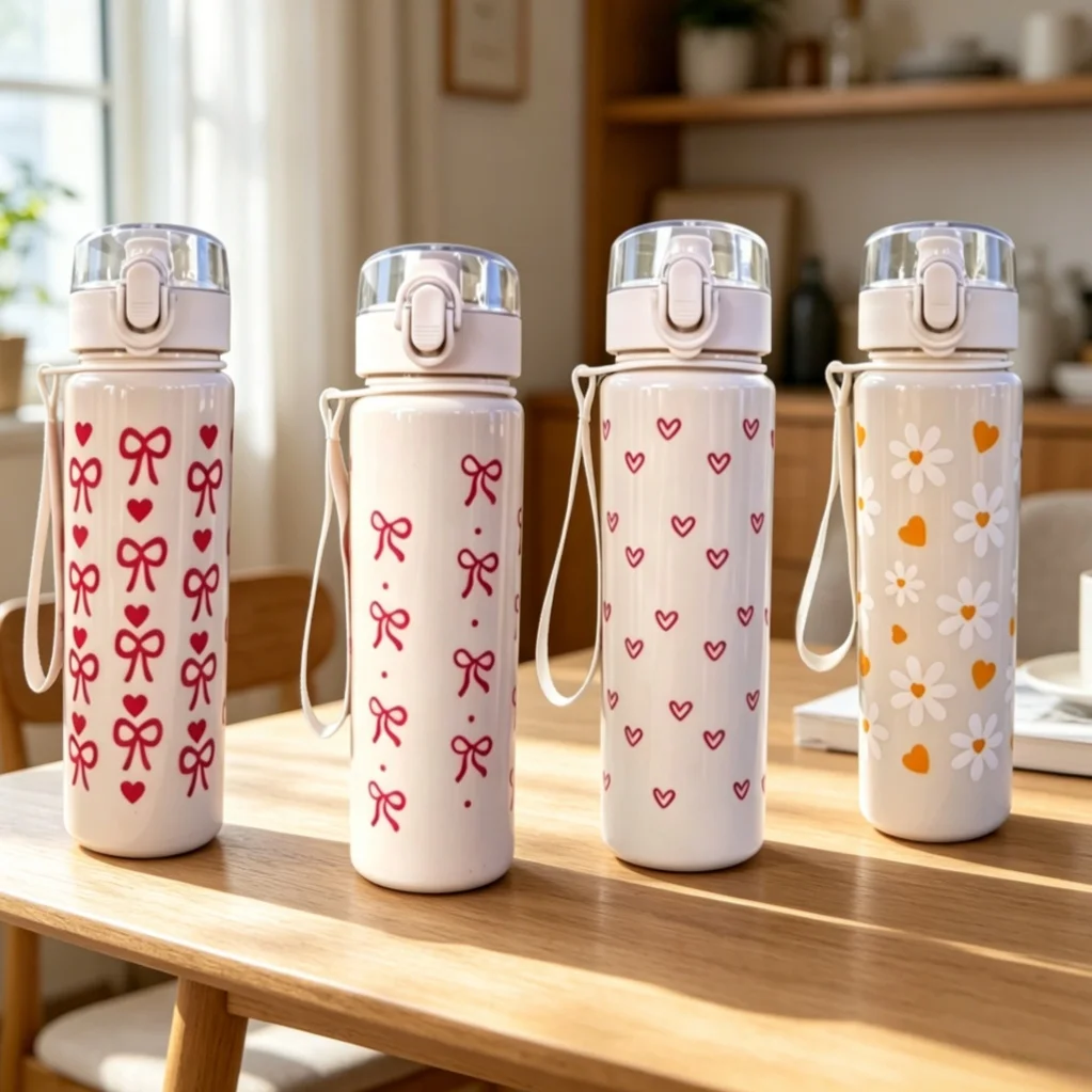 560ML White Water Bottle Allover Printed Flower Heart Bowknot Pattern, Premium Leakproof Reusable Stylish Cup for Sports, Work