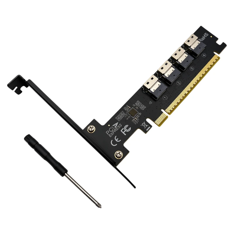 NEW 4 Port SFF-8654 4i SlimSAS to PCI Express 4.0 X16 Bifurcation Riser Card Splitter Adapter For GPU Graphics Card U.2 NVMe SSD