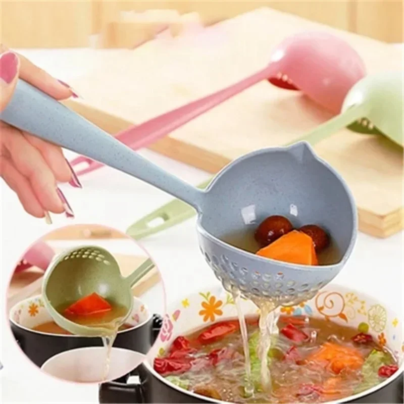 

Hot Selling 2 in 1 Long Handle Soup Spoon Home Strainer Cooking Colander Kitchen Scoop Plastic Ladle Tableware