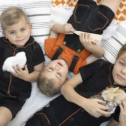 Ali Plus New SS25 Black denim with orange trim girls dress romper boys built up shirt and pants boy and girl ribbed orange top