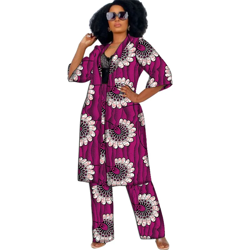 African Couture Original Design Print Women's Cardigan Windbreaker With Pants Collarless 3/4 Sleeve Trench Coat Set Tailored