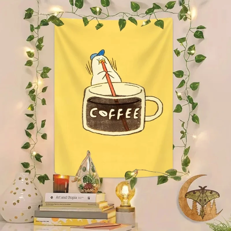 VIKAMA Funny Duck Coffee Tapestry Wall Art for Bedroom, Living Room, Dorm, Minimalist Yellow & Cute Animal Room Decor view 5