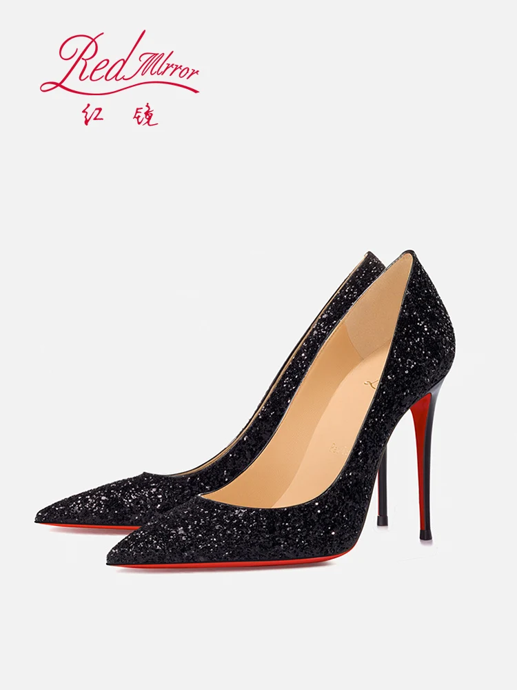 

2025 new sequined high heels for women in spring, pointed toe, non tiring, shallow mouth, fashion show, slim follow-up shoes