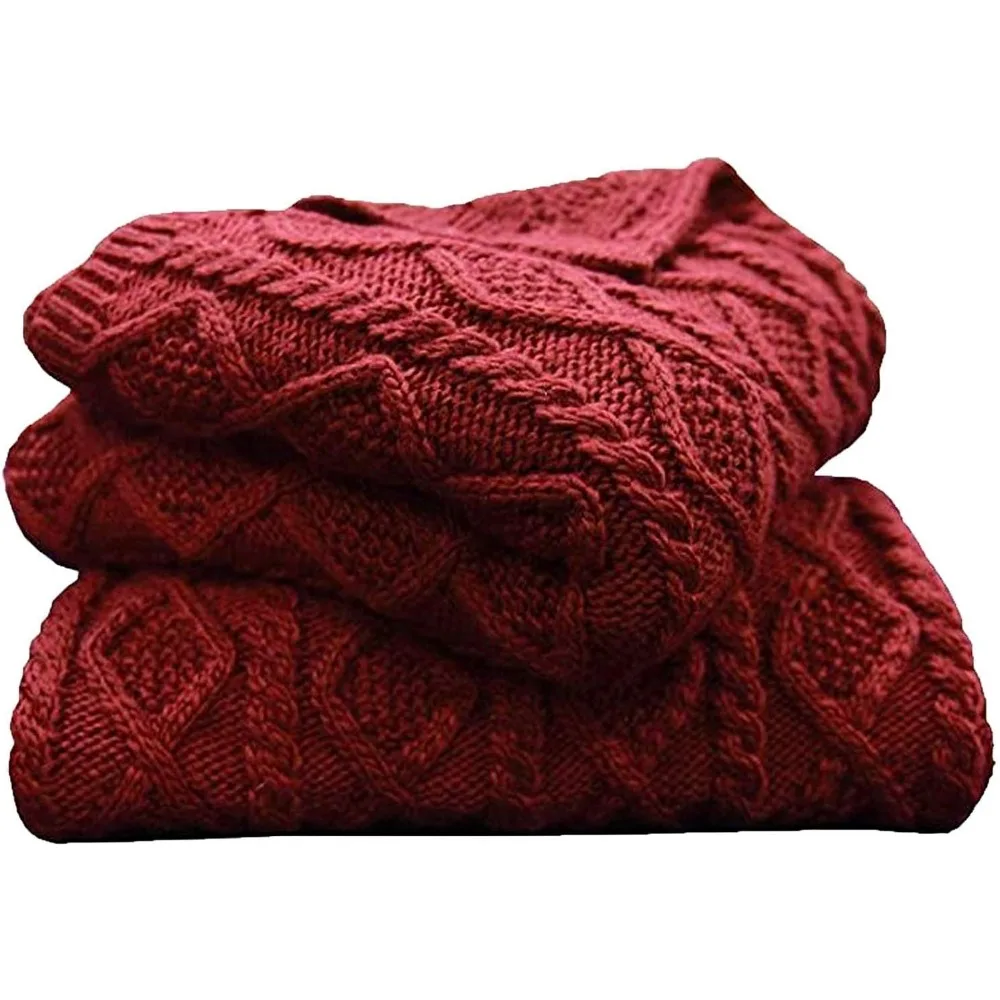 Red Cable Knit Throw Blanket 50x60 inch, Cozy Sweater Woven Knitted Wool Blend Blankets, Warm Fall Winter Large Chunky Throws