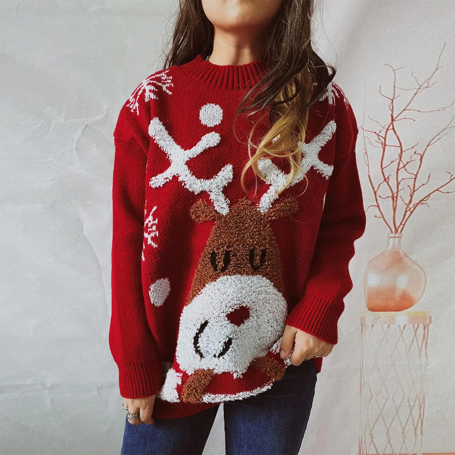 

Christmas Elk Jacquard Knitted Sweaters Women Fashion Loose O Neck Long Sleeve Holiday Party Sweater Christmas Knitting Sweater